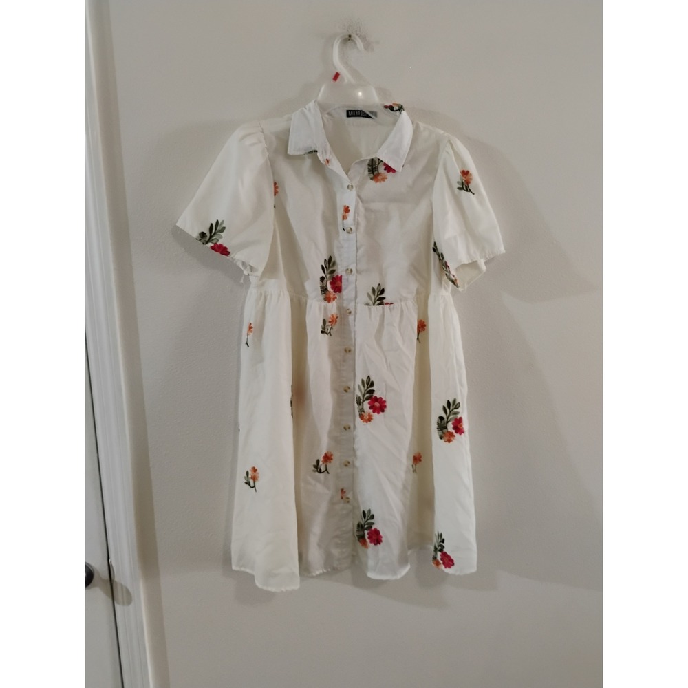 Mikarose White Embroidered Floral Button Down Empire Waist Dress Small